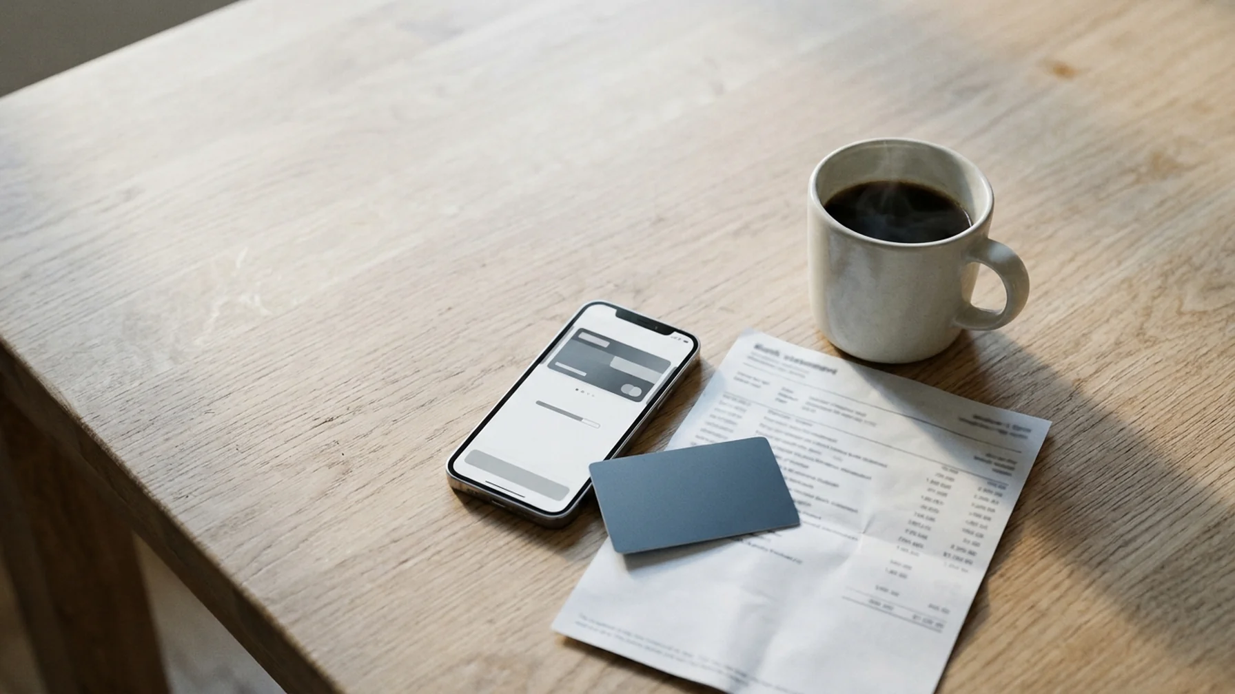 A person at a kitchen table comparing a phone showing a payment app with a paper bank statement and a debit card, morning light across the surface